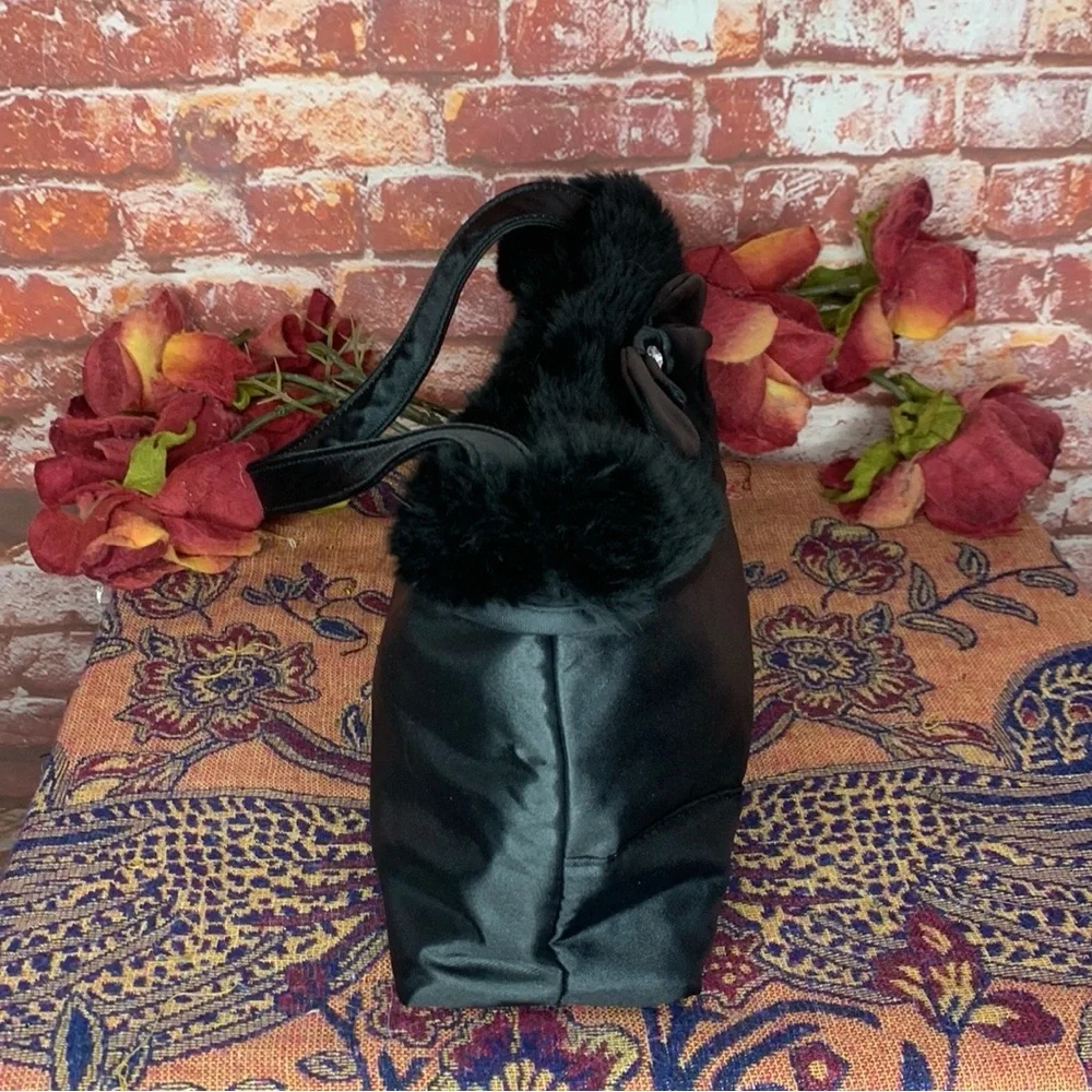 Satin Black Faux Fur Trimmed Retro Rhinestone bow Accented Clutch
